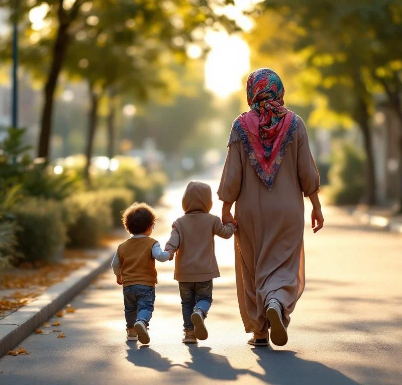 Lähi-itäläinen äiti ja lapsi kävelevät käsi kädessä kaupungin jalkakäytävällä. Äidillä on värikäs huivi, iltapäivän aurinko luo lämpimiä varjoja, symboloiden perheen tukea.