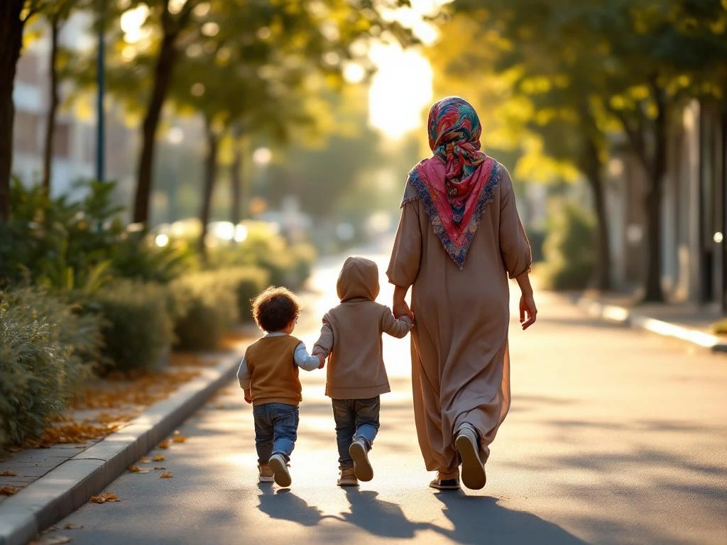 Lähi-itäläinen äiti ja lapsi kävelevät käsi kädessä kaupungin jalkakäytävällä. Äidillä on värikäs huivi, iltapäivän aurinko luo lämpimiä varjoja, symboloiden perheen tukea.