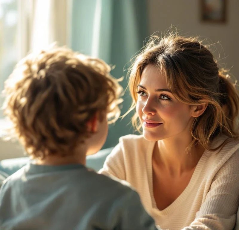 Äiti katsoo hellästi 5-vuotiasta lastaan takaapäin kuvattuna auringonvalaisemassa huoneessa, jossa on rauhalliset siniset ja vihreät sävyt.