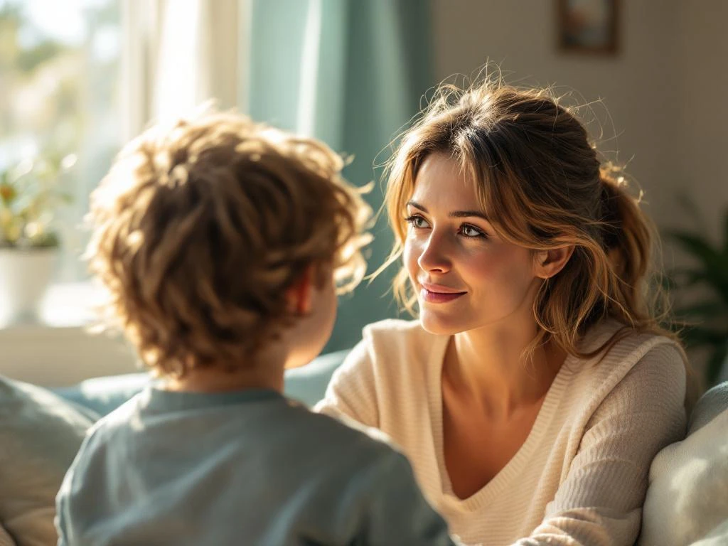 Äiti katsoo hellästi 5-vuotiasta lastaan takaapäin kuvattuna auringonvalaisemassa huoneessa, jossa on rauhalliset siniset ja vihreät sävyt.