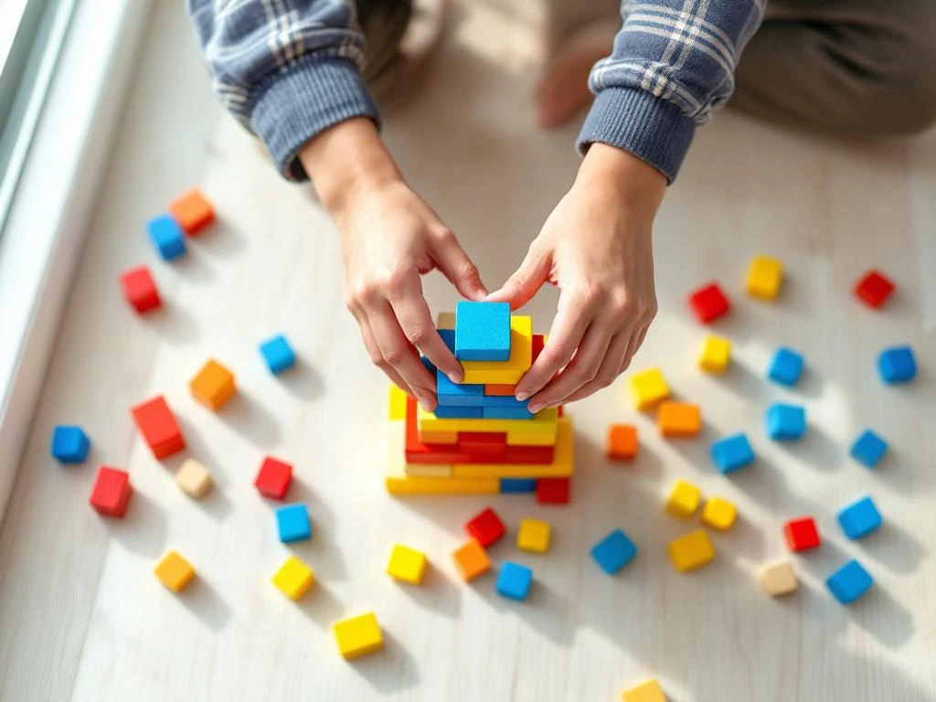 Aikuisen ja lapsen kädet rakentavat yhdessä värikästä palikkatorniaan puulattialla. Luonnonvalo korostaa kehittävää leikkihetkeä.