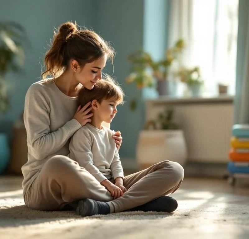 Äiti silittää hellästi 7-vuotiaan lapsensa hiuksia kuntoutustilassa, pehmeässä valossa. Taustalla terapiavälineitä, kuvaten perheen tukea paranemisprosessissa.