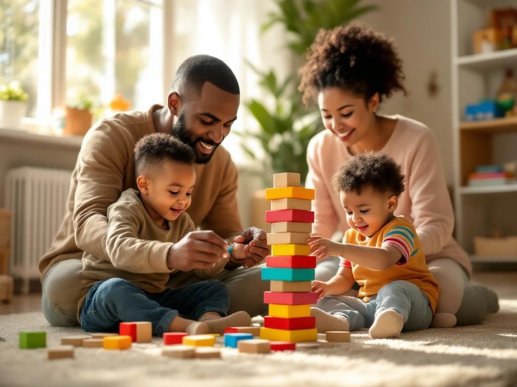 Monikulttuurinen perhe leikkii värikkäillä puupalikoilla lämpimässä huoneessa. Lapset rakentavat keskittyneesti vanhempien tukiessa terapeuttisessa ympäristössä.