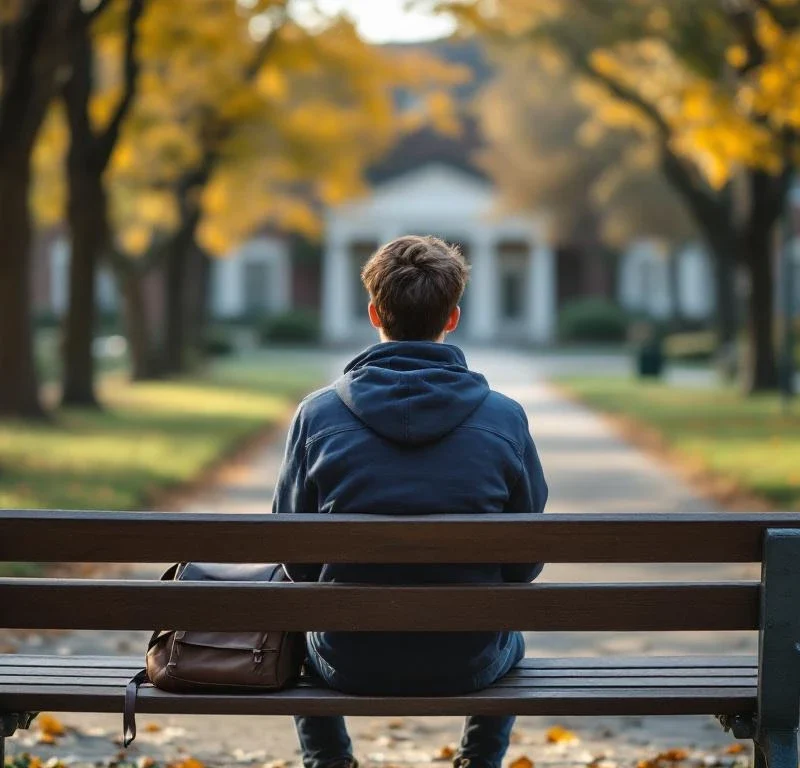 Yksinäinen teini istuu puiston penkillä, reppu vierellään. Syksyinen valo luo mietteliään tunnelman kuvaten autismikirjon nuoren arkea.