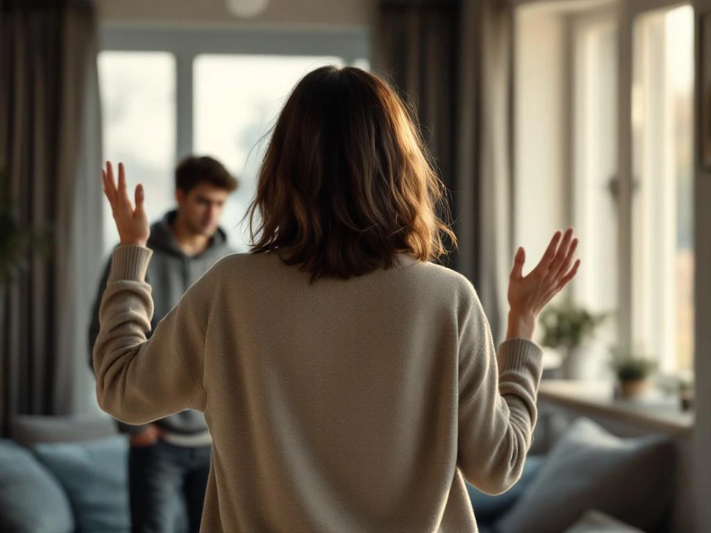 Turhautunut äiti elehtii käsillään olohuoneessa, taustalla teini-ikäinen hupparissa seisoo hartiat lysyssä. Perheristiriidan jännite välittyy.