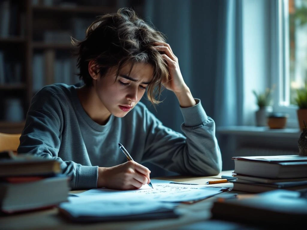 Turhautunut teini-ikäinen tekee matematiikan kotitehtäviä työpöydällä, pörröttäen hiuksiaan ja tuijottaen vaikeaa tehtävää. Kirjat ja paperit levällään pehmeässä ikkunavalossa.