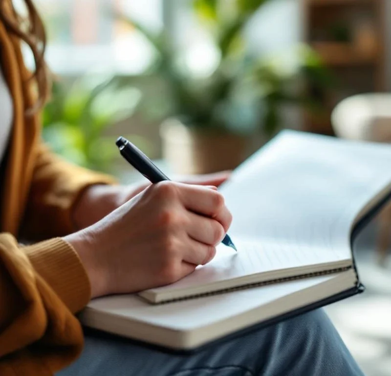 Terapeutin kädet kirjoittavat muistiinpanoja rauhallisessa hoitohuoneessa. Lämmin valo, ammattimaiset vaatteet ja viihtyisä sisustus luovat hoitavan ilmapiirin.