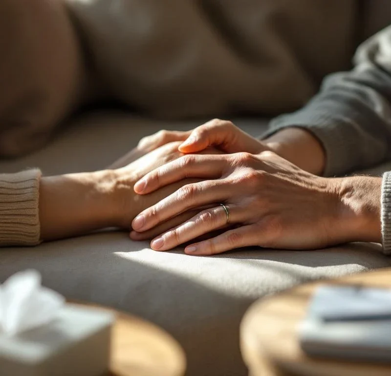 Kahdet kädet hellästi yhteen kietoutuneina pehmeällä sohvalla terapiaistunnon aikana. Lämmin valo korostaa intiimin tuen ja emotionaalisen yhteyden hetkeä.