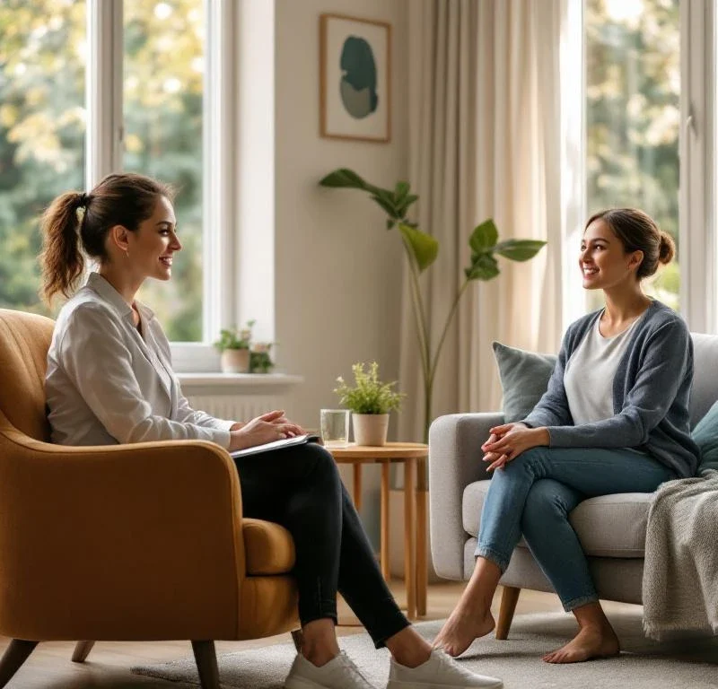 Terapeutti ja asiakas keskustelevat valoisassa terapiahuoneessa, jossa on suuret ikkunat puutarhaan, mukavat istuimet ja rauhallinen tunnelma.