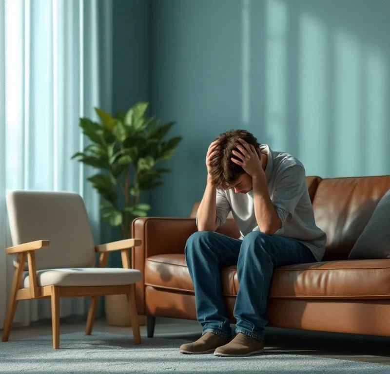 Ahdistunut nuori terapiahuoneessa istumassa sohvalla, hartiat kumarassa. Tyhjä terapeutin tuoli, pehmeä luonnonvalo, rauhoittavat värit ja huonekasvi luovat turvallisen ympäristön.