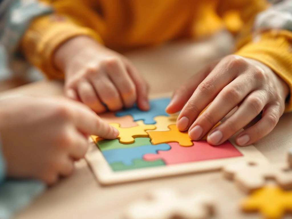 Lapsen kädet asettelevat puista palapeliä terapeutin käsien ohjatessa hellästi.