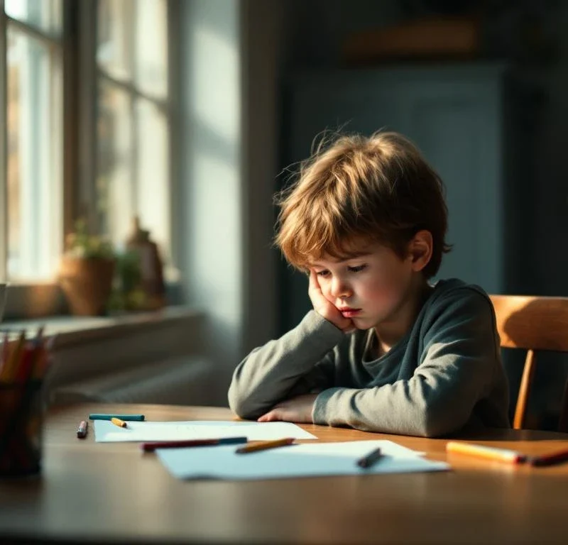 Alakuloinen 7-vuotias lapsi istuu yksin pöydän ääressä, nojaten leukaa käteensä. Koskemattomat värikynät ja paperit kuvastavat lapsen henkistä vetäytymistä.